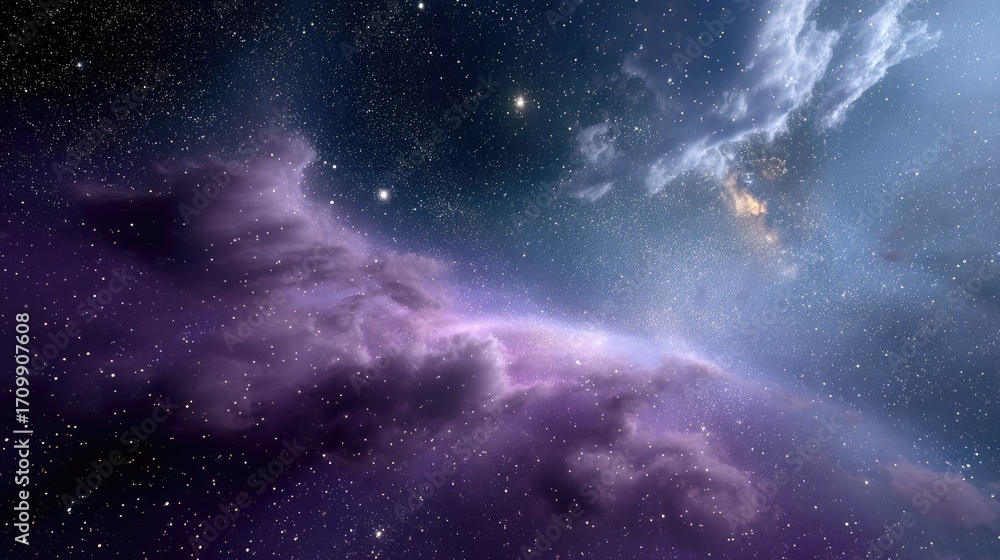Fototapeta premium A nebula sky filled with luminous pink, violet, and blue clouds, glowing softly across a starry space background.