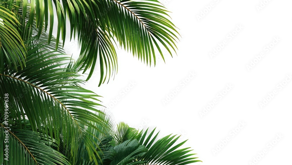 Fototapeta premium Lush palm fronds frame a white background (1)