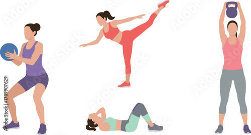 Women Performing Various Fitness Exercises with Equipment in Activewear – Strength Training, Core Workout, Cardio and Home Gym Routines