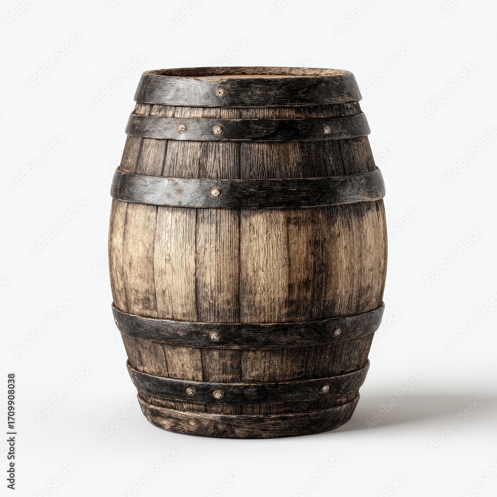 Fototapeta premium Aged wooden barrel, round, dark brown, rustic. Iron bands. Front view