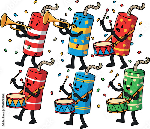 Cartoon firecrackers playing musical instruments and celebrating with confetti
