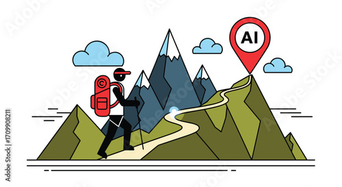 Adventurer climbs mountain path guided by ai destination pin toward success and innovation