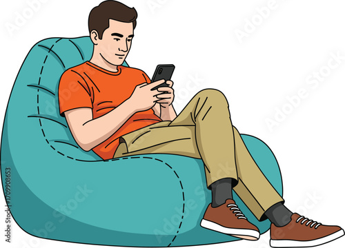 Young man relaxing on comfortable bean bag chair while using smartphone, casual outfit, modern lifestyle, home leisure and technology.