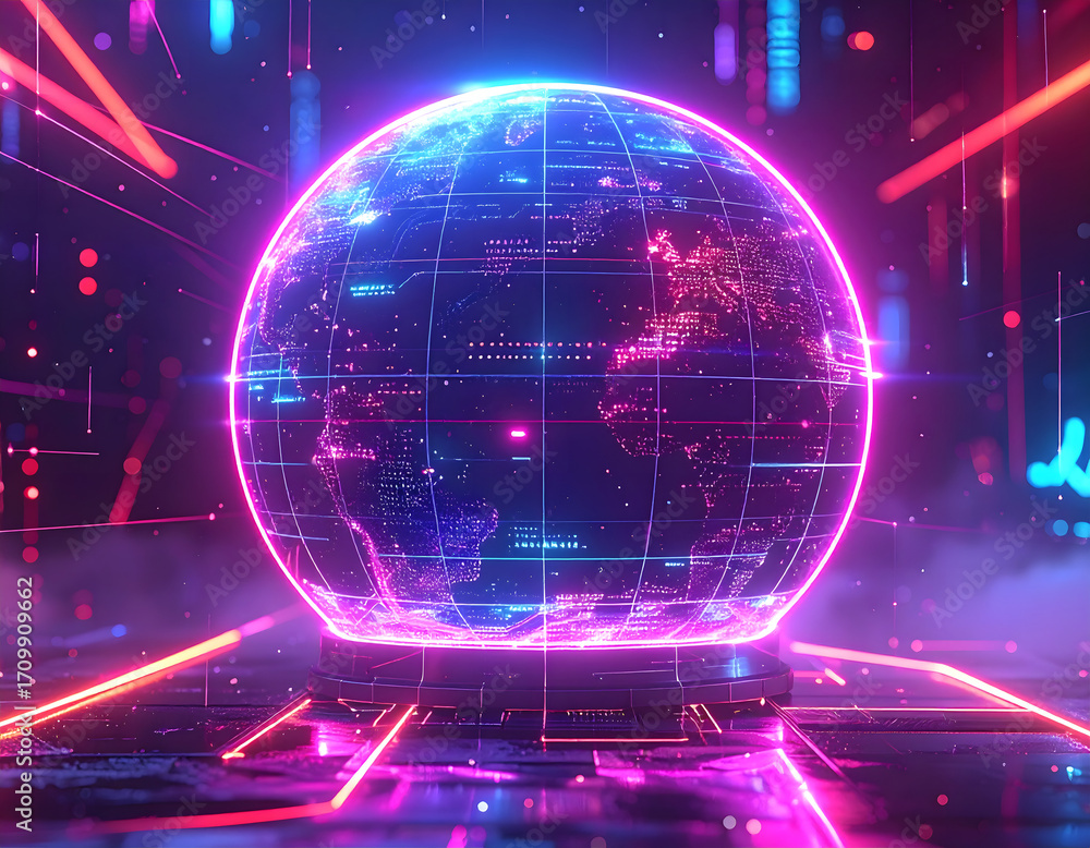 Fototapeta premium A vibrant and futuristic digital globe illuminated with neon lights, representing global connectivity and technology 
