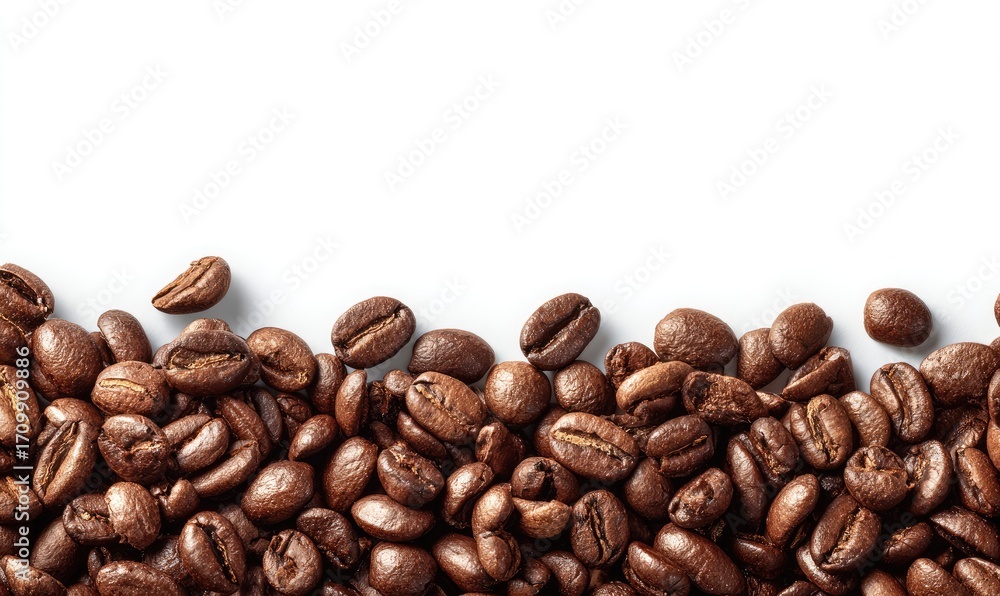 Fototapeta premium Roasted coffee beans scattered, horizontal, white background