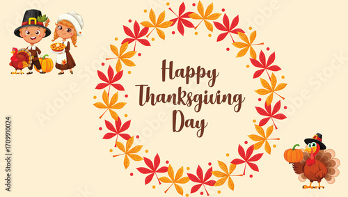 Traditional Thanksgiving Day celebration with festive autumn decorations, roasted turkey, pumpkins, candles, and seasonal food on a wooden table. Warm and cozy holiday atmosphere representing family 