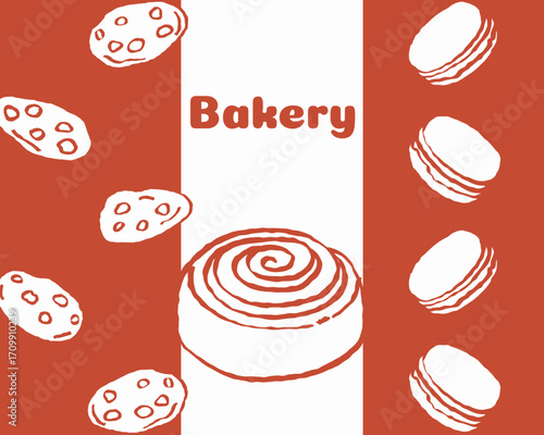 Vintage retro food poster in grunge style. Vibrant branding design for a bakery.  Table cloth idea with cinnamon roll, cookies and macaron