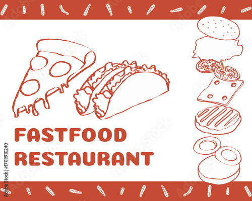 Vintage retro food poster in grunge style. Vibrant branding design for a fast food restaurant. Table cloth idea with pizza, burrito, burger and fries