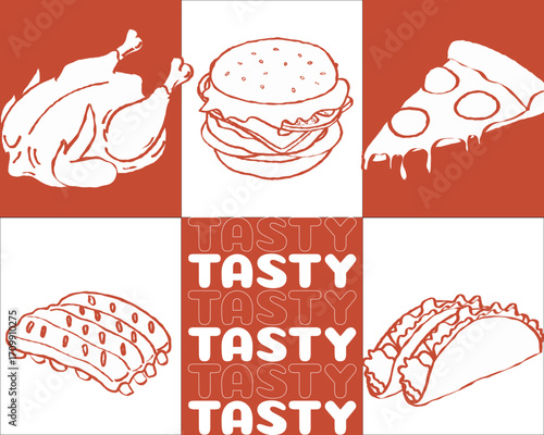 Vintage retro food poster in grunge style. Vibrant branding design for a fast food restaurant. Table cloth idea with chicken, burger, pizza, steak and burrito
