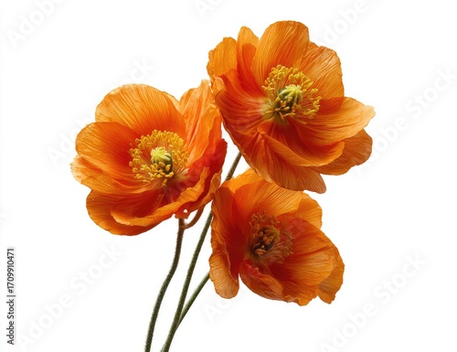 Wallpaper Mural Three vibrant orange poppies on a white background.  Close-up view, showcasing detailed petals and centers Torontodigital.ca