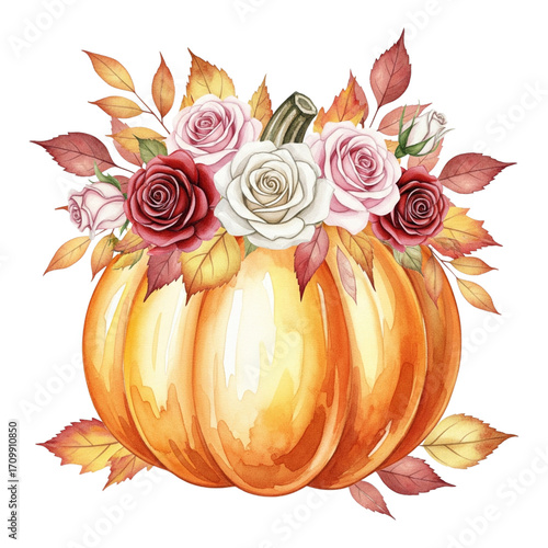 Watercolor illustration of a vibrant orange pumpkin adorned with a bouquet of roses and autumn leaves, isolated on a transparent background