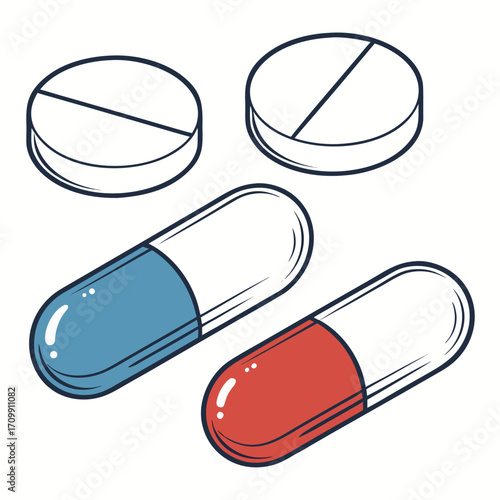Vector illustration of pills, capsules, and medicine tablets on a white background for healthcare and pharmacy concepts