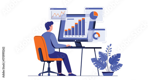 Analyst reviews business data charts and graphs on computer dashboard for insight