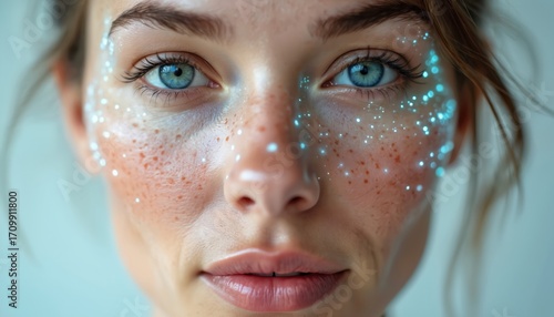 Closeup portrait of young woman with freckles, face digitally mapped for advanced skincare analysis. Blue eyes, natural complexion, subtle glowing dots suggest cosmetic technology, dermatological