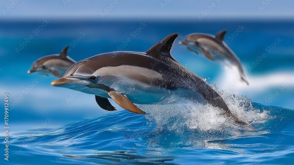 Fototapeta premium Three dolphins are jumping out of the water. Concept of freedom and joy as the dolphins play in the ocean