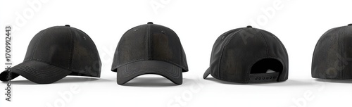 Four black mesh trucker hats displayed on a white background