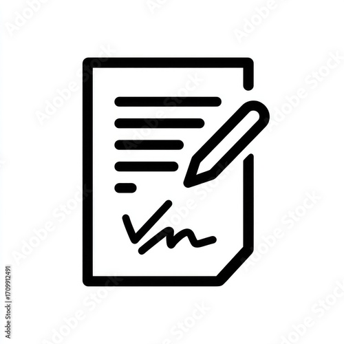 Simple black outline icon of a document with a pen and signature
