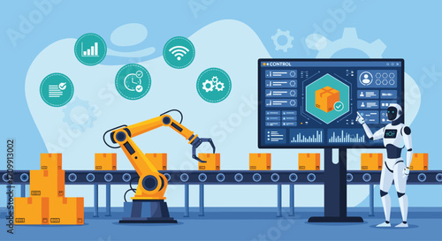 Automated factory robot arm and humanoid robot collaborate on modern production line