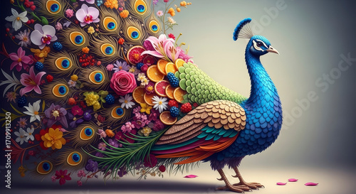 Vibrant Peacock Adorned with Floral Pixel Art on Neutral Background