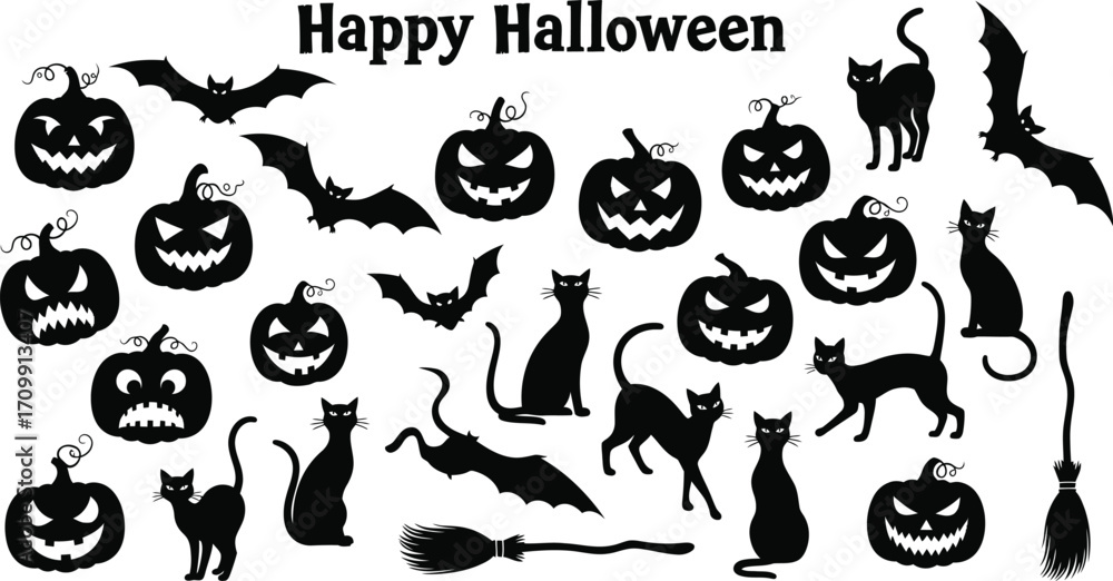 Naklejka premium A festive halloween collection, featuring bats, cats, pumpkins, and a broomstick for creating spooky and fun designs