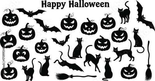 A festive halloween collection, featuring bats, cats, pumpkins, and a broomstick for creating spooky and fun designs