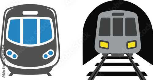 Illustrations of Modern Trains and Subways in Front View, Featuring a Tunnel Scene