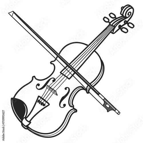 Antique classic wooden violin with bow, a beautiful string musical instrument