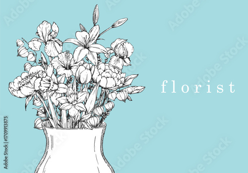 Flower Shop. Florist. Hand-drawn illustration of flowers and objects. Ink. Vector	