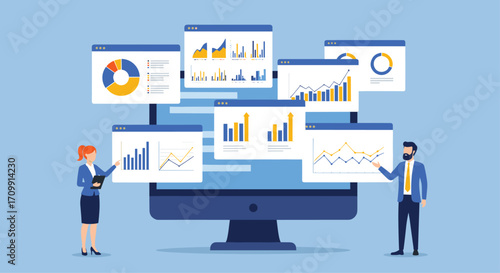 Business analysts analyze complex financial data and charts on multiple computer screens