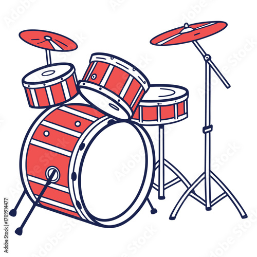 Percussion musical instrument, drum kit with drums and cymbals, isolated on a white background for a musician's concert equipment