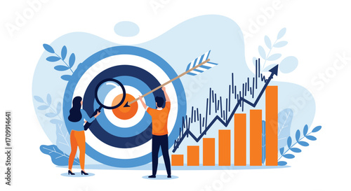 Business analytics team analyzing financial growth charts and achieving targets concept