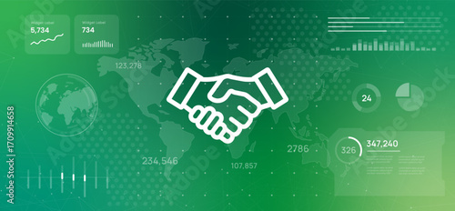 Global business partnerships networking and digital collaboration concept futuristic digital dashboard displaying world map with handshake icon