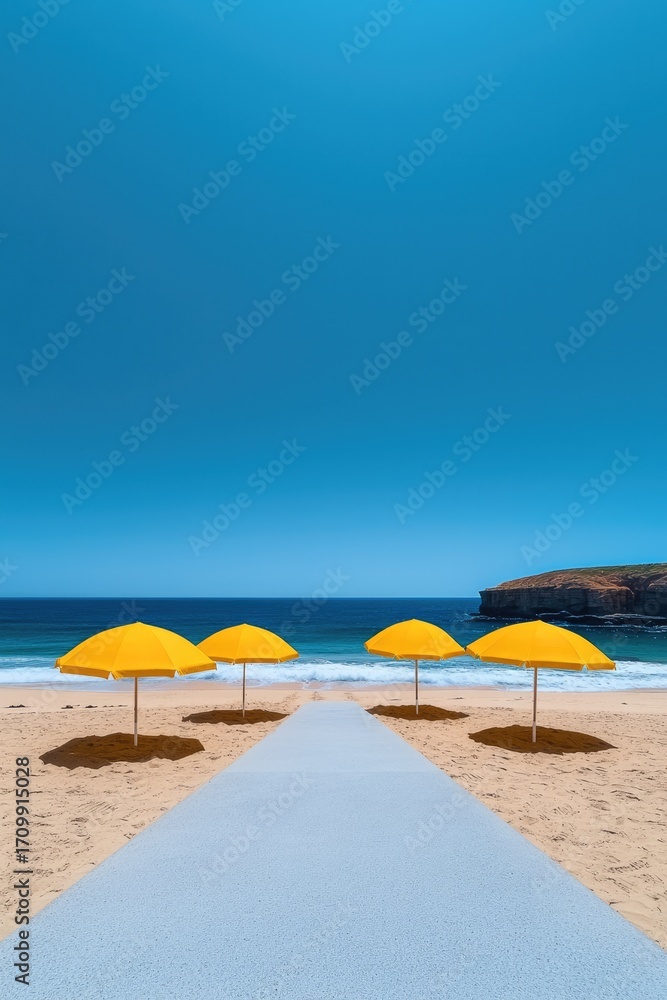 Fototapeta premium Five closed yellow parasols stuck in the sand at random angles, forming a sculptural pattern, soft shadows and warm sunlight, clear blue sky and calm sea in background