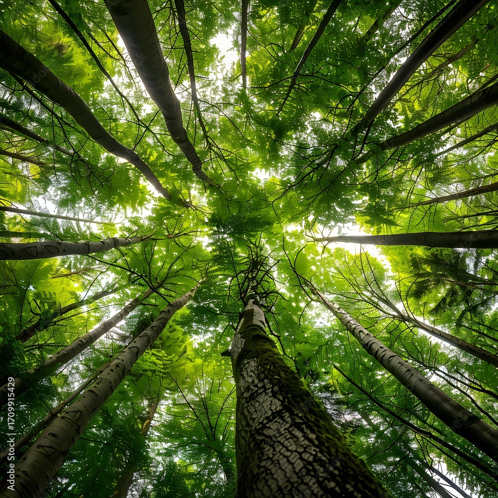 Fototapeta premium Lush green forest with sunbeams illuminating the path