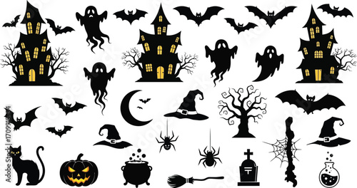 Collection of halloween silhouettes featuring haunted house, ghost, bat, moon, cat, pumpkin, spider, witch hat, and potion for spooky designs
