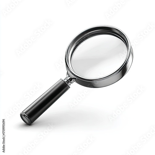 3D illustration of a magnifying glass.  Chrome-like lens, black handle.  Isolated on white