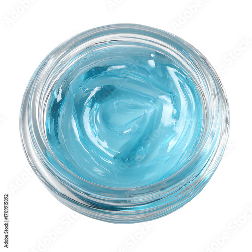 Light blue gel in a clear glass jar, top-down view