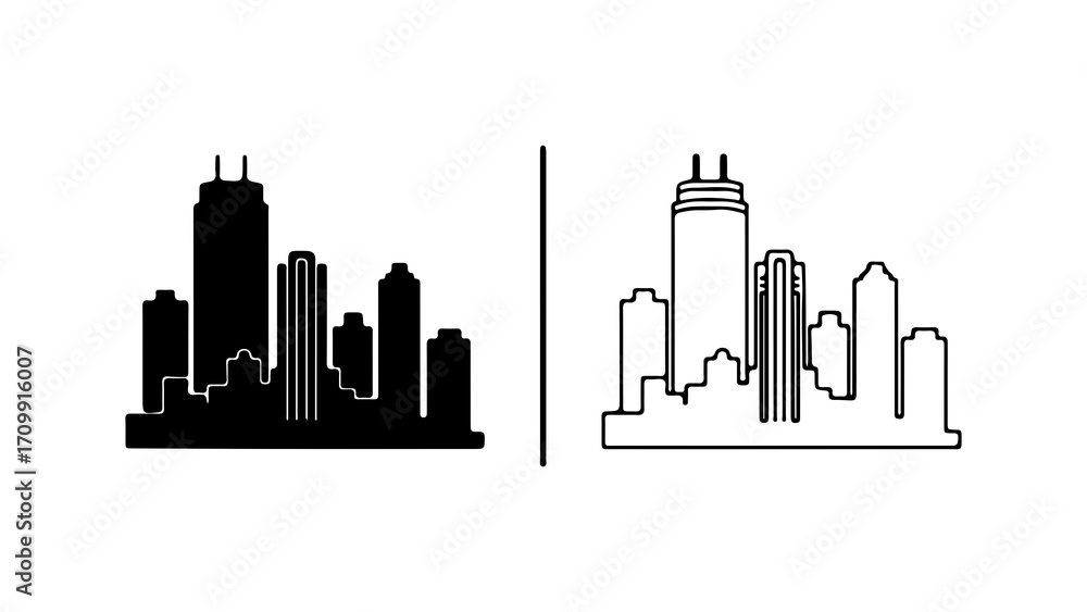 Obraz premium City skyline silhouette and outline illustration.