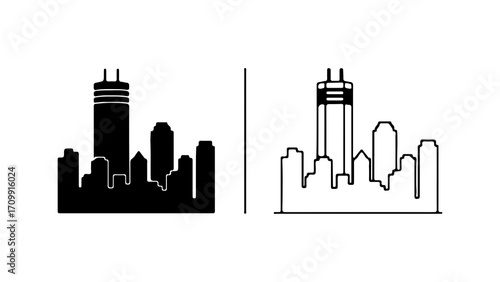 Cityscape silhouette featuring buildings and skyscrapers in black and white.