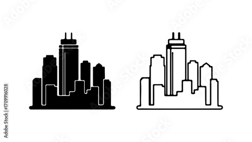 Cityscape silhouette featuring skyscrapers and buildings in black and white.