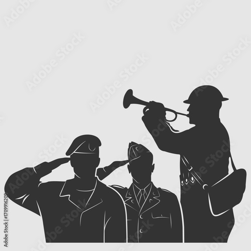 Modern and Historical Soldiers – Saluting and Playing Bugle – Military Tribute Vector Illustration