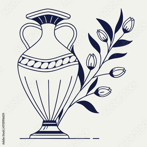 Vintage vector illustration of an old brown ceramic pot and flower vase, a still life design