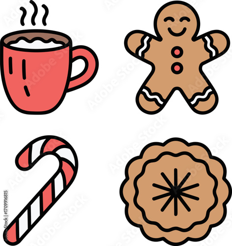 Festive Holiday Treat Bundle Design Featuring a Warm Beverage Gingerbread Man Candy Cane and a Decorative Cookie for Seasonal Celebrations