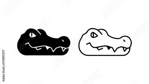 Cute cartoon alligator head in black and white outline versions.