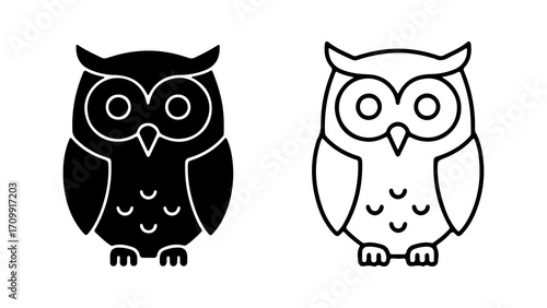 Cute cartoon owl icons in solid and line art styles.