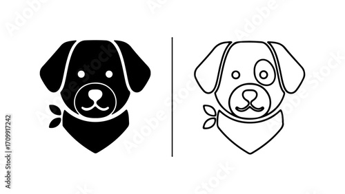 Cute Dog Head Icon Set Black and White Outline.