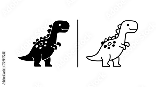 Cute cartoon dinosaur silhouette and line art illustration set.
