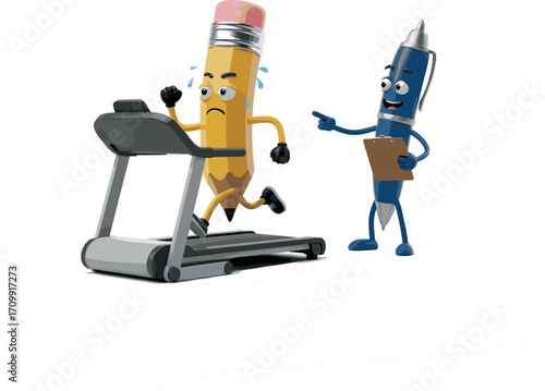 Cartoon pencil exercising on treadmill with pen watching (2)