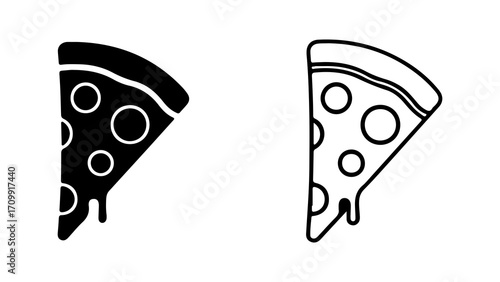 Delicious pizza slice with melting cheese black and outline versions.