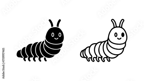 Cute Cartoon Caterpillar Icon Set Black and White Outline.
